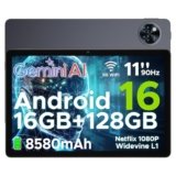 DOOGEE U11 Tablet Android 16, Tablet 11 Pollici, 16GB RAM + 128GB ROM/2TB TF, 8580Amh, 7.9mm Thin, T7200 Octa-core, 90Hz 13MP, Gemini AI, Support Face Unlock/GPS/Grigio