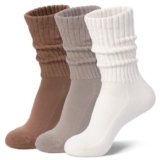Toetally Womens Slouch Crew Socks Cozy Cotton Retro Ribbed Calf Scrunch Boot Socks for Casual Athletic 3 Pairs Cream,Khaki,Brown M