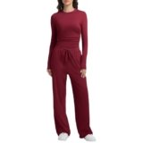 BOSECETA 2 Piece Lounge Sets for Women Fall Outfits Long Sleeve Wide Leg Tracksuits Womens Casual Loungewear Two Pcs Matching Set (Wine Red, Medium)
