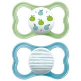 MAM Air Succhietto 16+ Mesi (Set da 2), Ciuccio MAM 16-36 mesi per pelli sensibili e delicate, Kit 2 accessori neonato con tettarella in caucciù naturale e porta ciuccio sterilizzatore, Azzurro/Verde