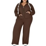 UOUA Plus Size Womens 2 Piece Sweatsuits Outfits Zip Up Jackets & Wide Leg Sweatpants Casual Loungewear Tracksuit Sets Brown (L-5X)