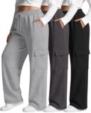 Neer 3 Pack Women’s Plus Size Cargo Sweatpants Wide Leg Drawstring Bottom Pants Baggy Loose Casual Athletic Trousers(Black, Dark Gray, Light Gray,3X-Large)