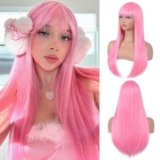 Aida ble Long Pink Straight Wig with Bangs for Women Heat Resistant Synthetic Hair Wig for Girls Daily Use Party Halloween Cosplay 24inch