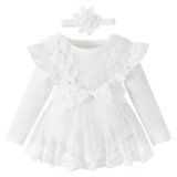 FYMNSI Baptism Dresses for Baby Girls Christening 1st Birthday Outfit Infant Newborn Ruffle Lace Romper Tutu Dress Headband Toddler Fall Dress Long Sleeve Bodysuits Cake Smash Clothes White 3-6M