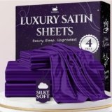 SLEEP SANCTUARY Satin Sheets King Size – 4 Piece Luxury Silky Bed Set, Softer Than Silk, 15″ Deep Pocket, Cooling & Wrinkle-Free, Moisture-Wicking & Breathable for Hair & Skin (Striped Purple)