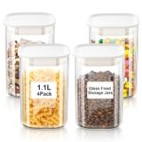 VINATO Barattoli Vetro con Coperchio (4 x 1100ml) Contenitori Pasta Vetro, Barattoli Cucina con Coperchio Contenitori Ermetici Vetro per Sale Farina Spezie Cereali & Caffè, Lavabili in Lavastoviglie