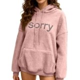 Womens Fuzzy Hoodies Pullover Oversized Letter Faux Fleece Sweatshirts Lightweight Cozy Casual Furry Sweatshirt with Pocket