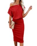 Ezbelle Womens Bodycon Midi Dress Off The Shoulder Solid Color Short Sleeve Ribbed Casual Party Dress 2025 Red Large