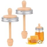 Sun3drucker Wooden Mason Jar Honey Dipper with Lids Set – Honey Dipper Wooden Stick for Regular Mouth Mason Jars, Honey Spoon Honeycomb Lids for Regular Mouth 16 oz Mason, Ball Jars