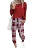 Ekouaer Womens Jogger Pajama Set Long Sleeve Pjs 2 Piece Gingham Lounge Jogger Set Soft Pyjamas Red Plaid Pjs Small