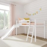 Max & Lily Twin Size Low Loft Bed with Slide and Ladder, Classic Solid Wood Kids Bedroom Furniture, 400 lbs Weight Capacity, 14″ Safety Guardrail, Anti-Slip Steps, White