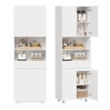 ANWBROAD Mobile Bagno Alto,Mobiletto Bagno Salvaspazio,con 4 Ante,2 Cassetto,Ripiano Regolabile,Mobile a Colonna,per Sala da Pranzo,Soggiorno,30x60x180 cm,Bianco SBC012W