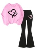 Ecolala Girls 2 Piece Outfits Long Sleeve Crew Neck Graphic Sweatshirt Topa and Flare Pants Set Pink Black B 7-8Y