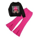 Asbabiy Girls 2 Piece Outfits Graphic pullover & Flare Leg Pants 7-13 Years (Black,7-8Y(47-50 IN))