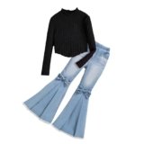 Asbabiy Girl’s 2 piece outfit Rib Knit long sleeve top Sweater and Bow Front Flared Leg Jeans Pants Set for 7-13 Years (Black,8-9Y(51-54 IN))
