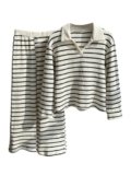 MakeMeChic Girl’s 2 Piece Outfits Striped V Neck Long Sleeve Tops and Wide Leg Pants Set Black and White 12Y