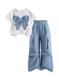 MakeMeChic Girl’s 2 Piece Fall Outfits Sequin Bow Knot Crew Neck Short Sleeve Tee and Cargo Pants Clothing Sets Multicolor 10Y