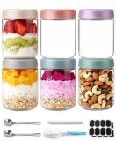 Cozyverge Overnight Oats Containers with Lids and Spoons, Glass Food Storage Containers for Sugar Spice Yogurt Snacks (Multicolor, 16oz, 6Pack)