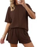 BTFBM Casual 2 Piece Sets For Women Summer 2026 Short Sleeve Tops Shorts Spring Lounge Matching Workout Airport Outfits(Dark Brown,Large)