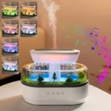 Holwim Diffusore di Oli Essenziali a Fiamma 250ml Umidificatore Nuvola Pioggia Goccia d’Acqua Diffusore per Aromaterapia Umidificatore d’Aria con Luce a 7 Colori, Micro Paesaggio, Rumore Bianco