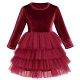 Toddler Baby Girls Vintage Velvet Tiered Tulle Tutu Dress Fall Winter Kids Flower Girl Dress Long Sleeve Casual Princess A-Line Dress for Christmas Wedding Evening Gown Holiday Outfit Wine Red 1-2T
