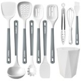 FINENUT Silicone Cooking Utensils Set 11PCS-BPA-Free-446°F Heat Resistant,Kitchen Tools for Nonstick Cookware,Heat Resistant&Scratch-Proof Includes Spatula/Turner/Spoon Dishwasher Safe(White And Gray)
