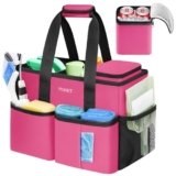 Ytonet Cleaning Caddy, Water Resistant Cleaning Supplies Organizer with Handle & Foldable Divider for Cleaners, Housekeeping Tote for Kitchen & Bathroom, Car Tool Caddy Organizer Bag, Rosered