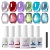 GELLAKTIK 5-in-1 Cat Eye Gel Polish Kit, 6PCS-7.5ml No Base/Top Coat Needed, All-in-One Formula, Beginner-Friendly Magnetic Nail Art Set with Magnet Sticks, Fast Curing for Home DIY Manicure