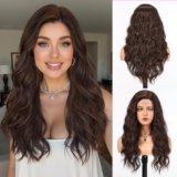 purshine Dark Brown Long Wavy Wig for Women Pre Plucked Lace Front Synthetic Wig for Daily Wear or Cosplay