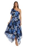 Nightway Women’s One-Shoulder Floral Hi-Lo Gown | Flowy Maxi Dress W/Flutter Sleeve & Draped Bodice | Evening Cocktail Party Black/Royal