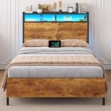 Brinlawb Struttura Letto Singolo 90×200 cm con Luce LED e Stazione di Ricarica (2 Prese CA, 2 Porte USB) Struttura Letto 90×200 cm con struttura in metallo, Facile da montare, Moderno, Marrone