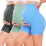 URUWASHI Ribbed Maternity Shorts Over The Belly Seamless 5″ Pregnancy Workout Athletic Biker Shorts for Women (UR079L-3Gr/LB/Bl)