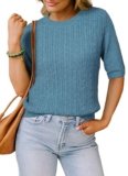 Arach&Cloz Women’s Wool Blend Short Elbow Sleeve Tops Old Money Summer Crew Neck Cable Knit Fall Dressy Casual Pullover Fashion Outfits Sweater 2025 Blue S