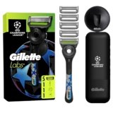 Gillette UEFA Champions League Special Edition GilletteLabs Rasoio A Mano Libera Con Barra Esfoliante Champion Gold Edition, 1 Manico + 5 Lamette Di Ricambio, Gancio Da Parete E Custodia Da Viaggio