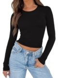 REORIA Long Sleeve Shirts for Women 2025 Fall Fashion Round Neck Basics Y2K Tops Layering Slim Fitted Top Black