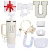 Miglaja Pink Accessories for Stanley Cup 30OZ 40OZ, All Accessories Gift Box Contain Flower Straw Topper, Sillicone Boot, Letter Stickers and Pendants,Spill Stopper Set (White U)