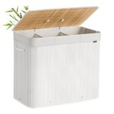 SONGMICS Cesta Portabiancheria con Coperchio, 3 Scomparti, 170 L, Cesto Porta Biancheria in Bambù Pieghevole, Sacco Rimovibile e Lavabile in Lavatrice, Maniglie, Lavanderia Camera, Bianco LCB013W01