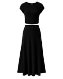 BTFBM Summer Outfits For Women 2026 Two Piece Sets Casual Crew Neck Short Sleeve Cropped Spring Tops Midi Skirt Lounge Set(Black, Medium)