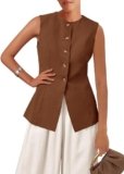 KIRUNDO Blazer Vest for Women Trendy 2026 Dressy Business Casual Summer Button Down Sleeveless Work Suit Waistcoat Tops(Brown, Large)