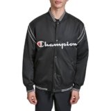 Champion Men’s Satin Varsity Bomber Jacket with Logo, Black, XX-Large