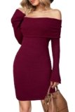 Arach&Cloz 2025 Women’s Fall Off The Shoulder Going Out Knit Dress Elegant Winter Long Sleeve Bodycon Cocktail Dresses Party Outfit Date Night Wear Burgundy Red XL