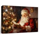 Framed Christmas Canvas Wall Art Print, Vintage Santa Reading Book Canvas Painting Decor, Christmas Pictures Wall Art for Living Room Bedroom Fireplace Decor 12x8in