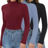 DDOBB 3 Pack Turtlenecks Long Sleeve Shirts for Women Black Base Layer Tops Winter Clothes Small Black/Morandi Blue/Burgundy