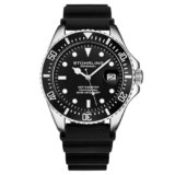 Stuhrling Original Men’s Watch Dive Watch Silver 42 MM Case with Screw Down Crown Rubber Strap Water Resistant to 330 FT (Black)
