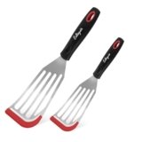 2 Pack Fish Spatula Set with Silicone Edge – Stainless Steel Fish Turner for Nonstick Cookware, Heat Resistant Flexible Kitchen Flipper for Eggs, Filets & Pancakes (Black & Red)