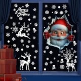 Christmas Window Clings Double Sided 3D Santa Claus Window Stickers Christmas Decorations Removable Reindeer Snowflake Vinyl Decals for Glass Windows, Home, Shop, Office, Holiday Party Xmas Decor