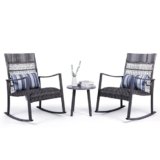 Backyard Expressions 3-Piece Wicker Patio Rocking Chair Set – Outdoor Rocker Chairs with Cushions and Faux Stone Table, All-Weather PE Rattan Porch Furniture for Deck, Balcony, or Garden