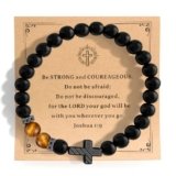 Variengrave Cross Religious Bracelet for Men, Natural Stone Tiger Eye & Black Beads Bracelets, Christian Gift for Birthday Graduation Easter Christmas