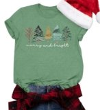 Merry and Bright Shirt Women Merry Christmas Tee Letter Print Casual Short Sleeve Tops Tees
