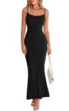PRETTYGARDEN Women’s Sleeveless Summer Bodycon Maxi Slip Dresses Spaghetti Strap Elegant Evening Party Long Dresses (Black, Large)